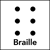Braille accessibility symbol. Six dots arranged in the formation of a rectangle, three dots high and two across.