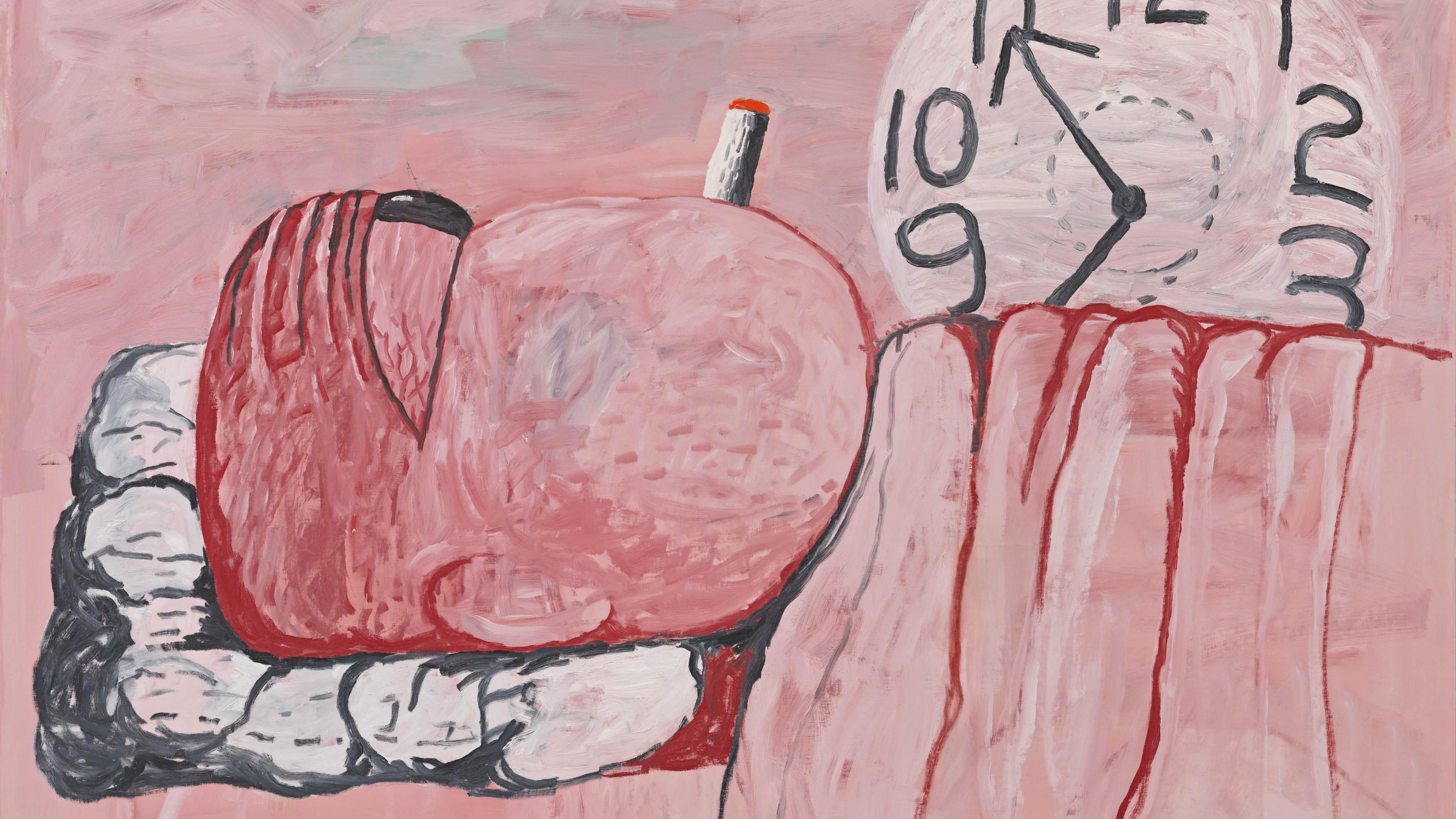 Pink hued image of a lying body smoking and a clock in the background.