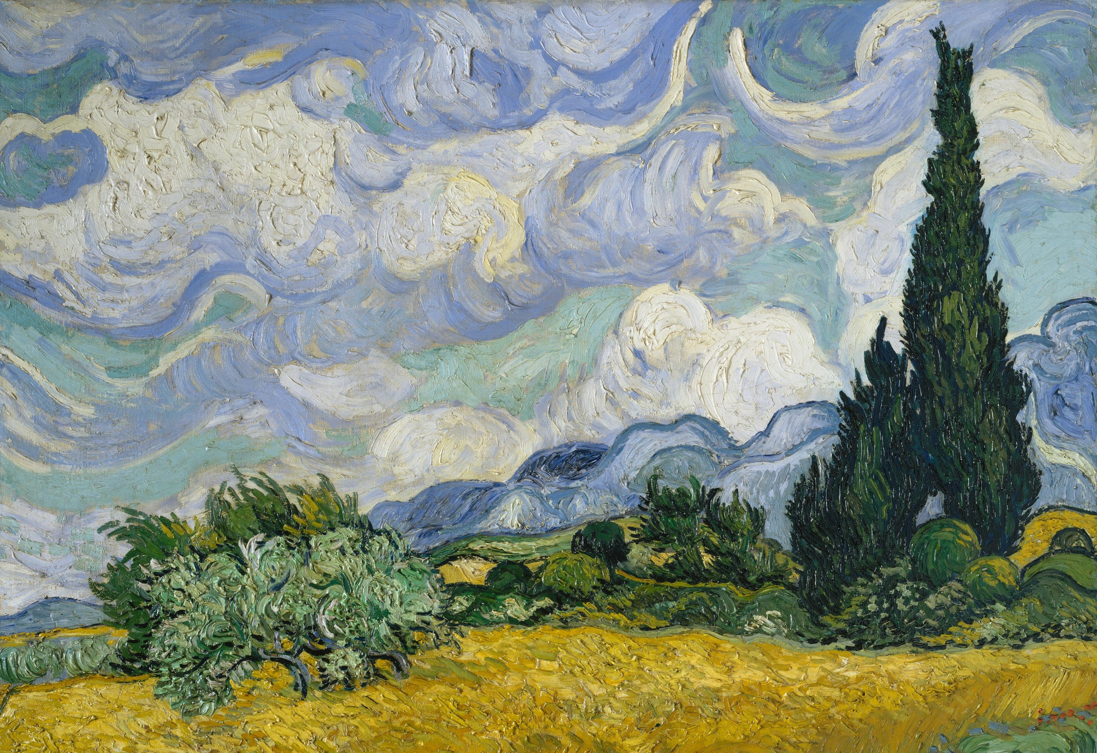 Van Gogh's "Wheat Field with Cypresses"--a swirling landscape of yellow fields, cloudy blue skies, and lush green cypress trees.