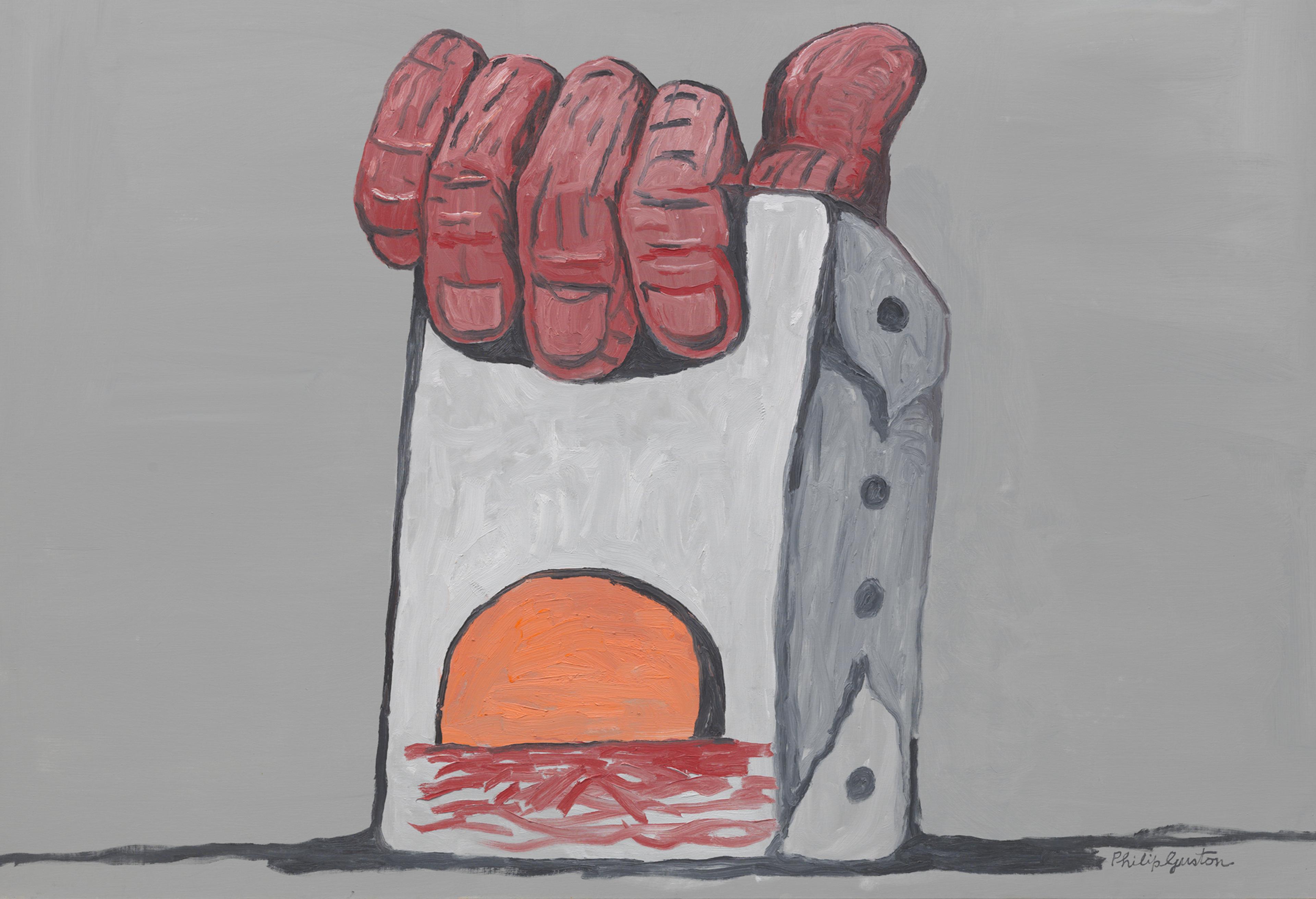 Painting by Phillip Guston with a hand holding a canvas with a sunset on it against a grey background. 