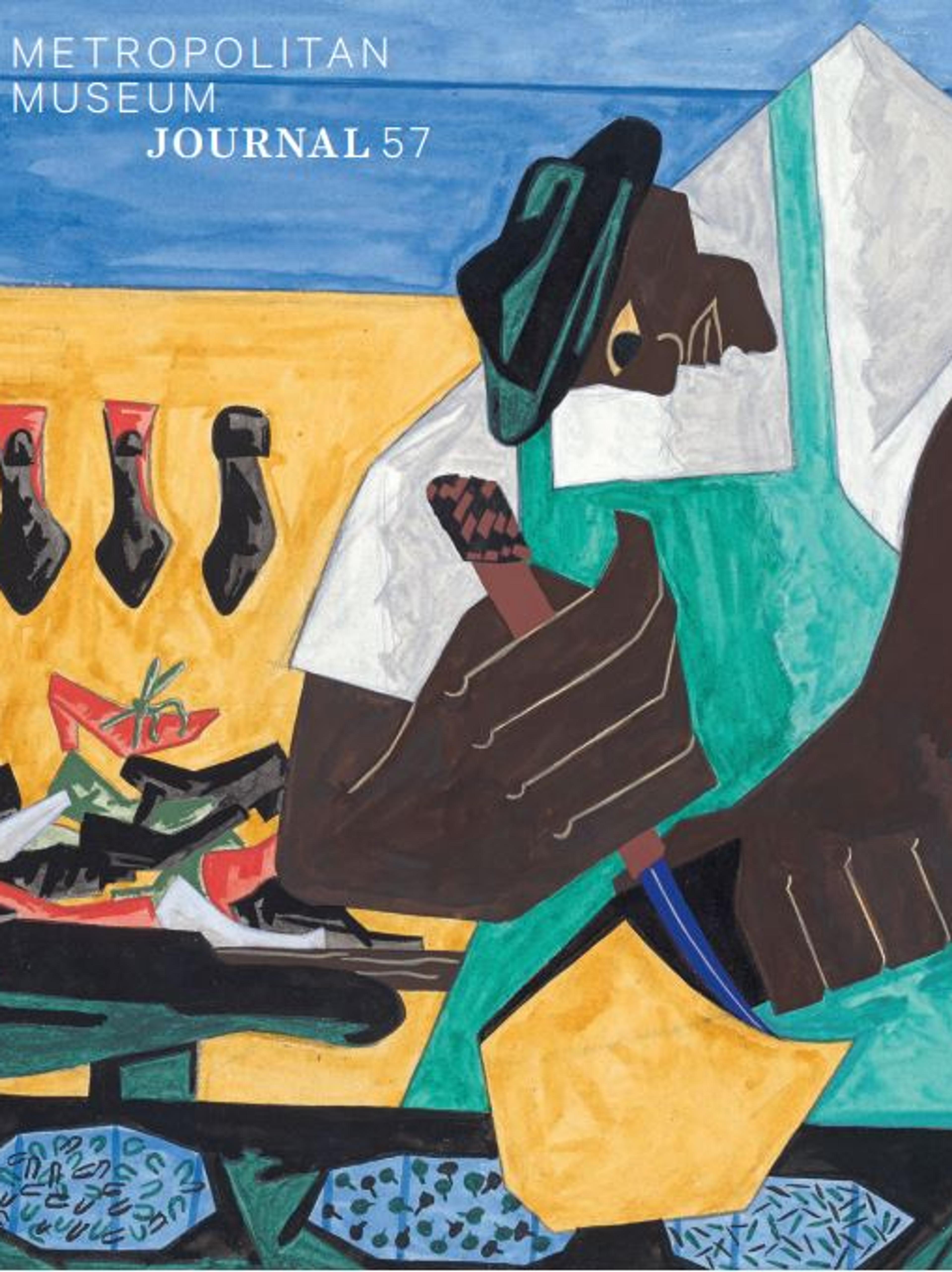 A journal cover featuring an abstracted representation of a Black shoemaker, carefully looking over his work process by Jacob Lawrence.