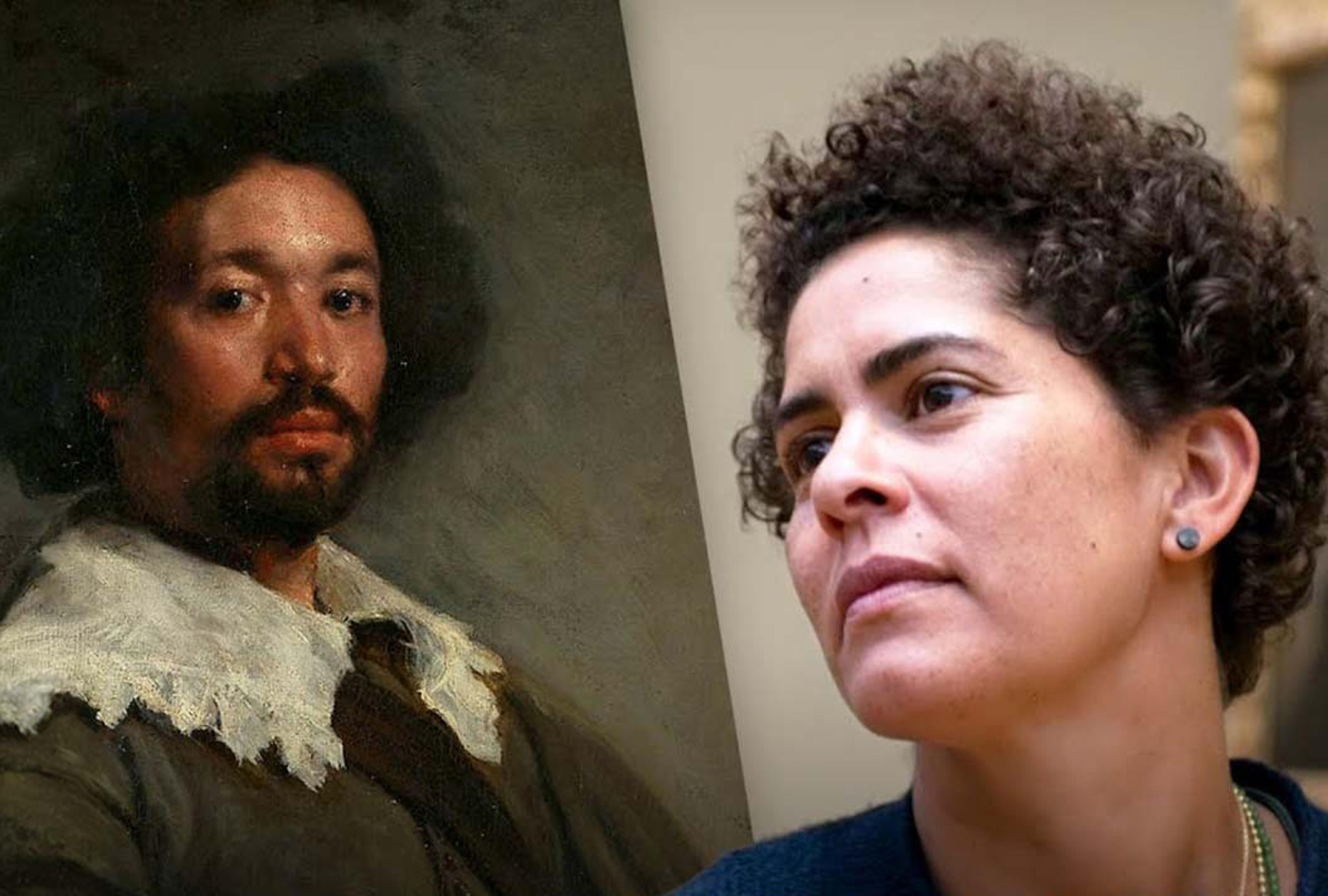 Image of the artist Julie Mehretu and a painting of Juan de Pareja by Velazquez. 
