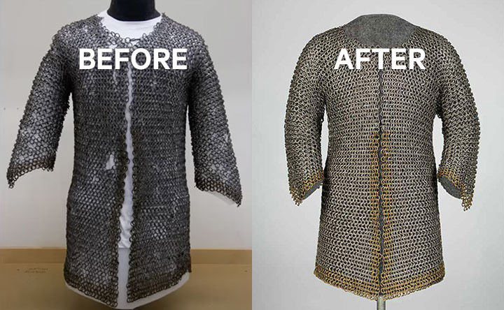 Composite image of an 16th century Persian chain mail shirt before and after conservation