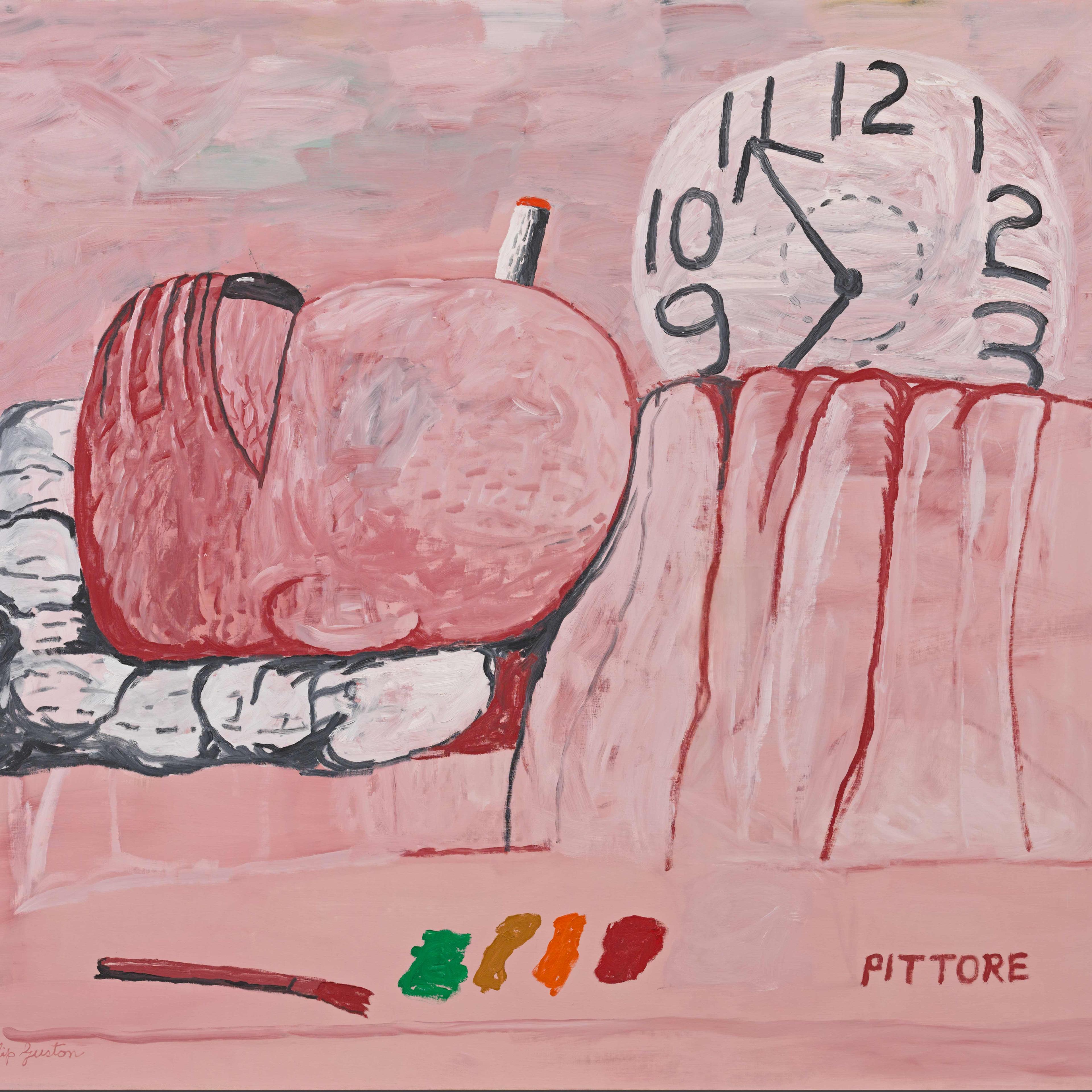 Pink hued image of a lying body smoking and a clock in the background.