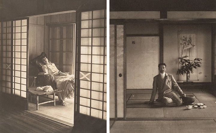 Two black and white images side by side. The left image depicts an open sliding screen door, revealing a woman lounging in a chair in the next room. The right image depicts a man sitting on the floor with a tea set. 