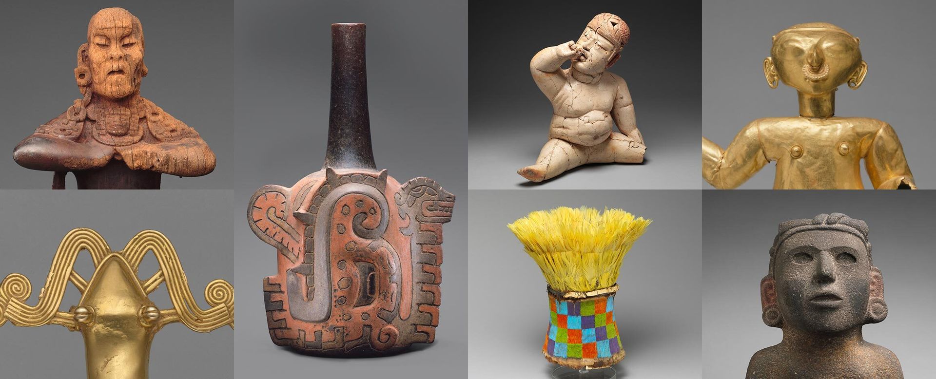 A grid of 7 images of objects from the ancient americas