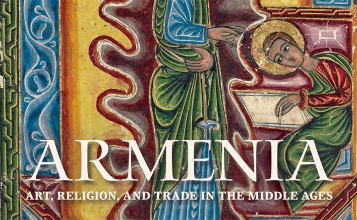 Cropped section of the cover art for the Met publication, Armenia: Art, Religion, and Trade in the Middle Ages. Religious art depicting two figures studying text, with a background of brightly colored patterns..