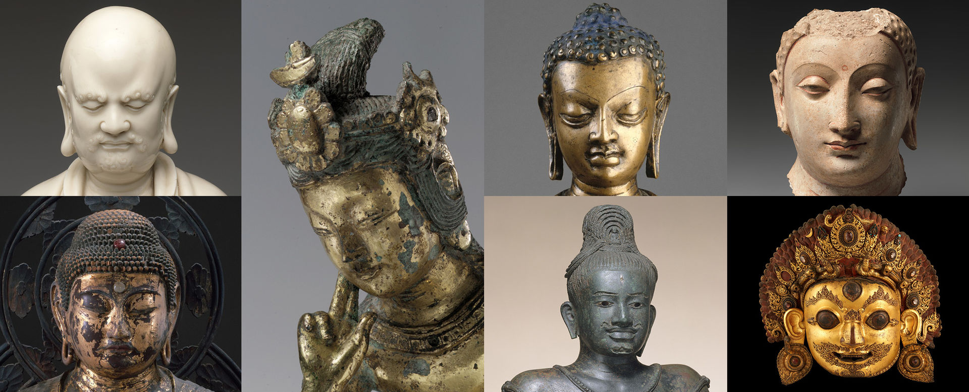 A composite image of Buddha sculptures from six cultural regions