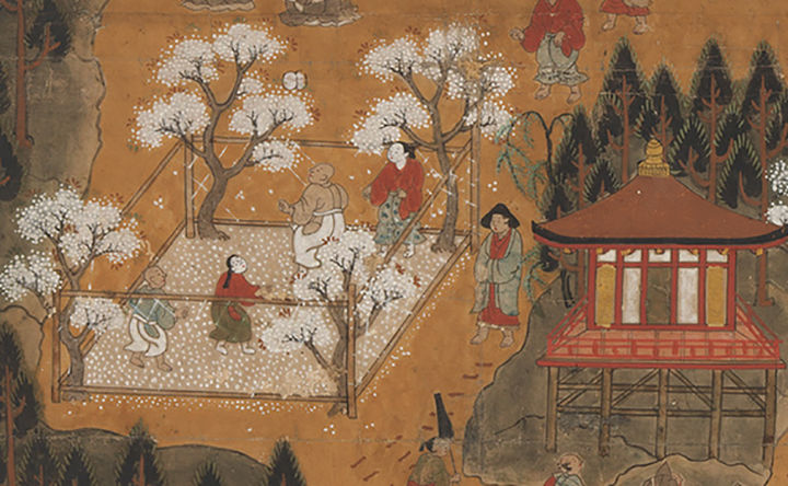 Detail of a painting of several people in a courtyard with trees and a building beside them