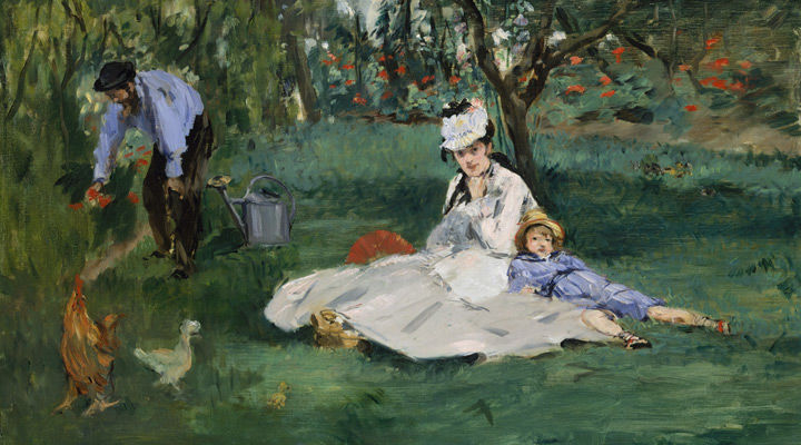 Detail view of a Manet painting depicting a family lounging in a park