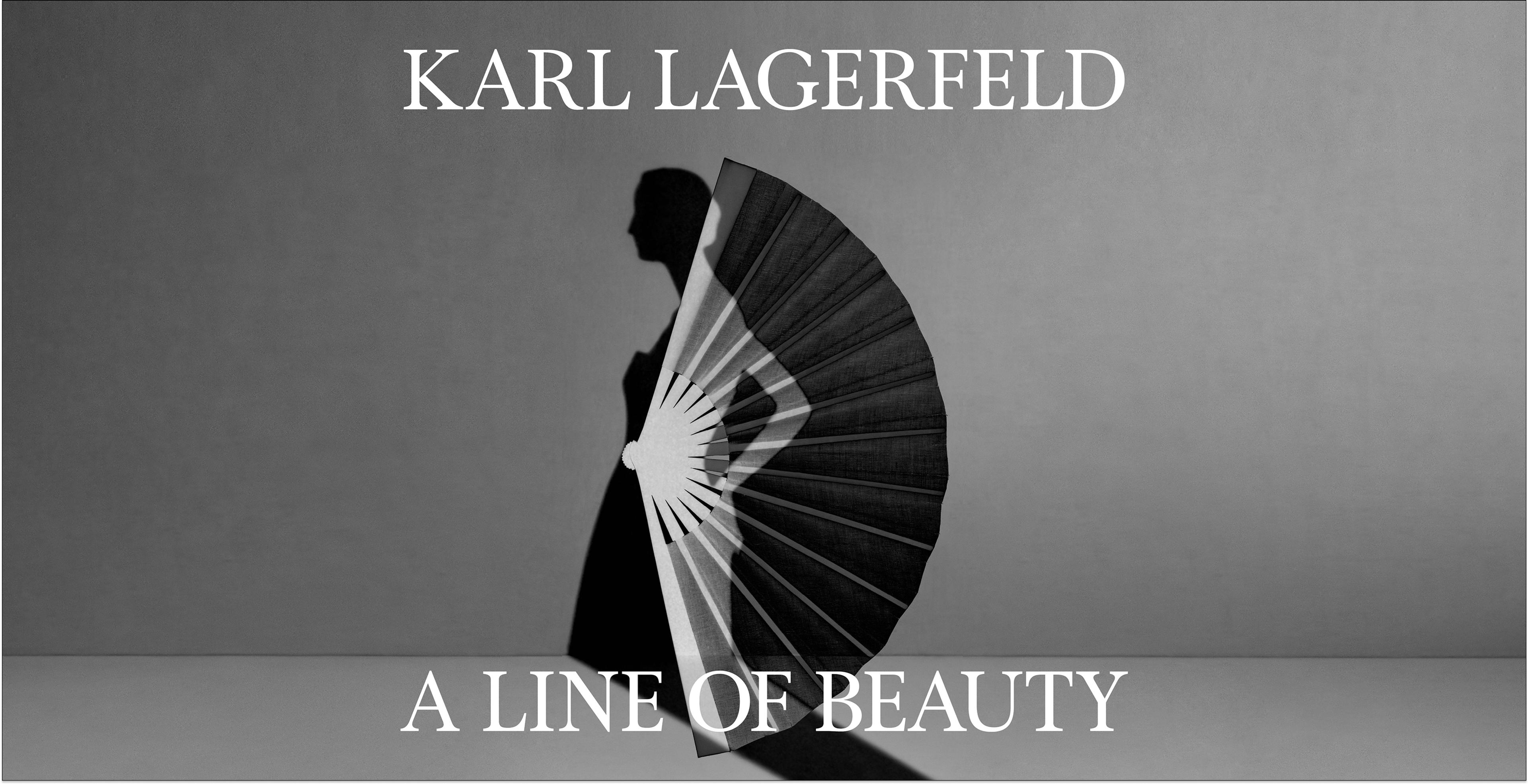 An open fan with a female silhouette in front of the shadow of a woman and white text that reads Karl Lagerfeld A Line of Beauty