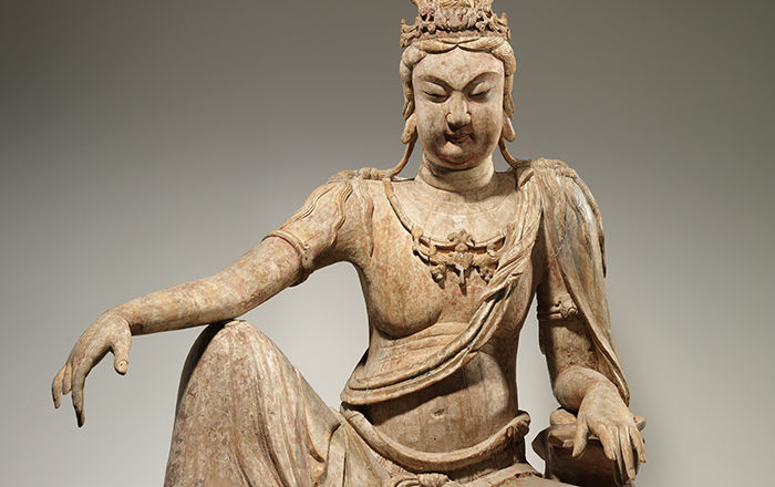 Bodhisattva Avalokiteshvara in "Water Moon" Form (Shuiyue Guanyin), 11th century. China. Liao dynasty (907–1125). Wood (willow) with traces of pigment; multiple-woodblock construction.