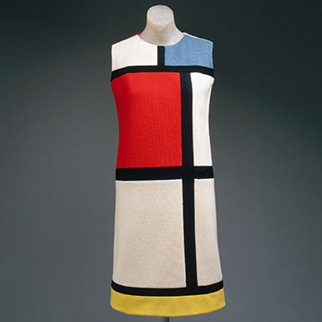 Black, white, red, yellow, and blue color-block shift dress by Yves Saint Laurent