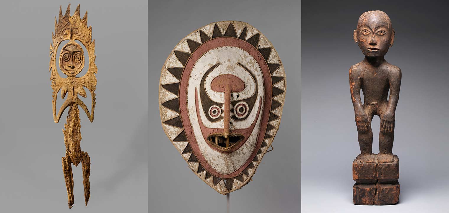 Composite image of two wooden female figures and a painted wooden mask from Oceania