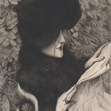 Black-and-white print of a woman in dark fur reading a newspaper.