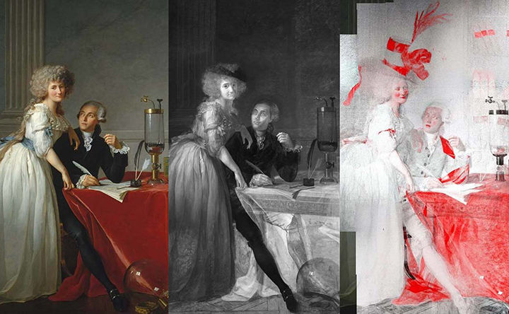 Jacques Louis-David's "Antoine-Laurent and Marie-Anne Pierrette Paulze Lavoisier" alongside two X-rays of the painting showing various drafts of the work