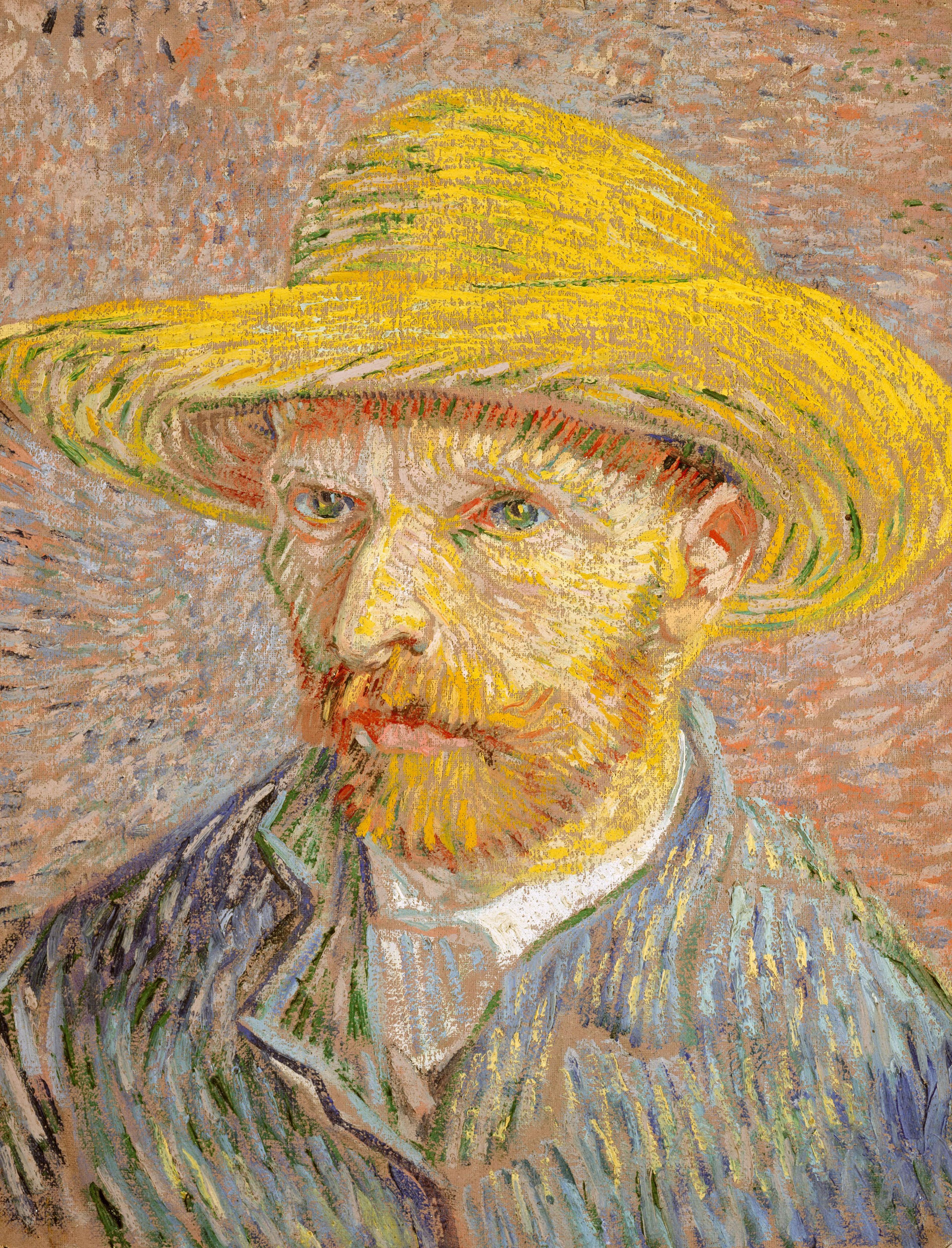 An oil painting featuring a self portrait of Vincent van Gogh wearing a bright yellow straw hat and blue smock.