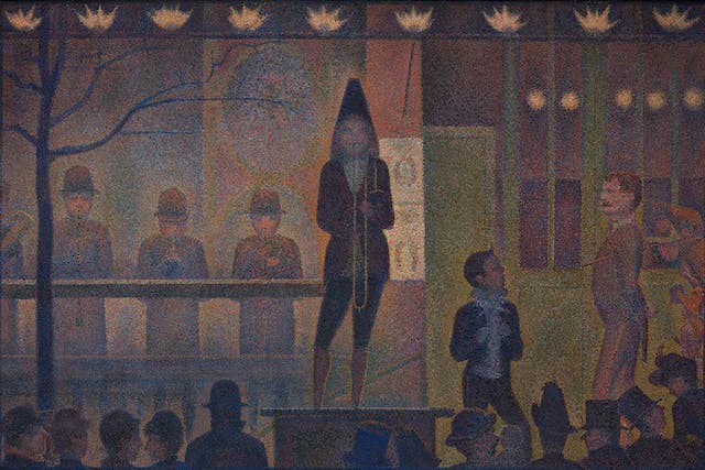 George Seurat's Circus Sideshow (Parade de cirque) with musicians performing for a crowd at night