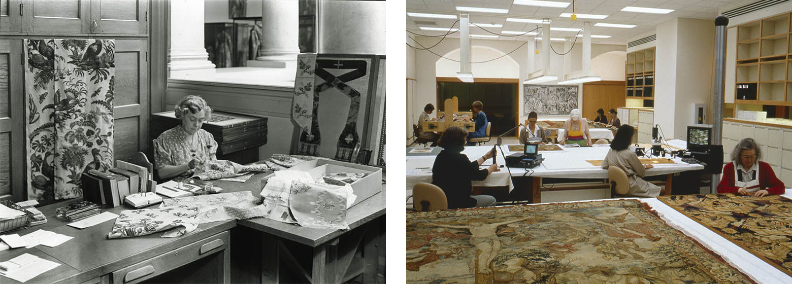 Left: A woman sewing a textile; Right: Several conservators seated in the textile conservation studio restoring materials