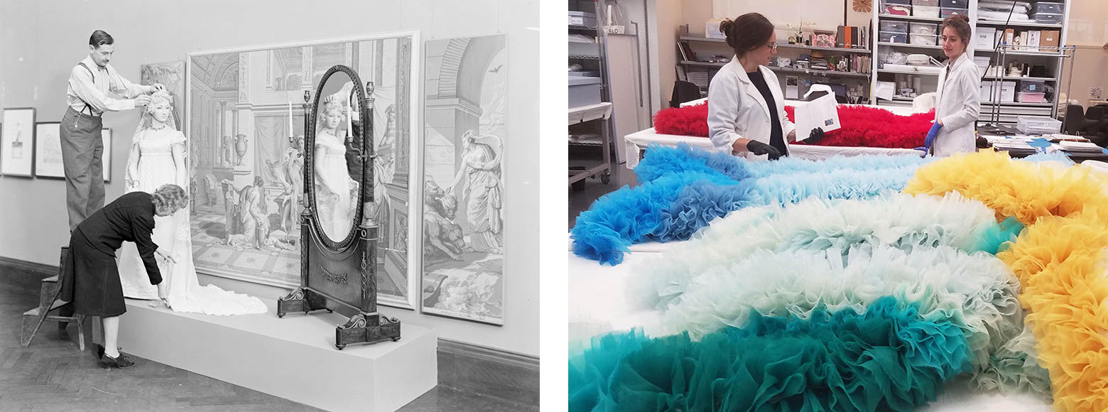 Left: A man and a woman dressing a mannequin for an exhibition; Right: Two conservators inspecting elaborate costume ensembles.