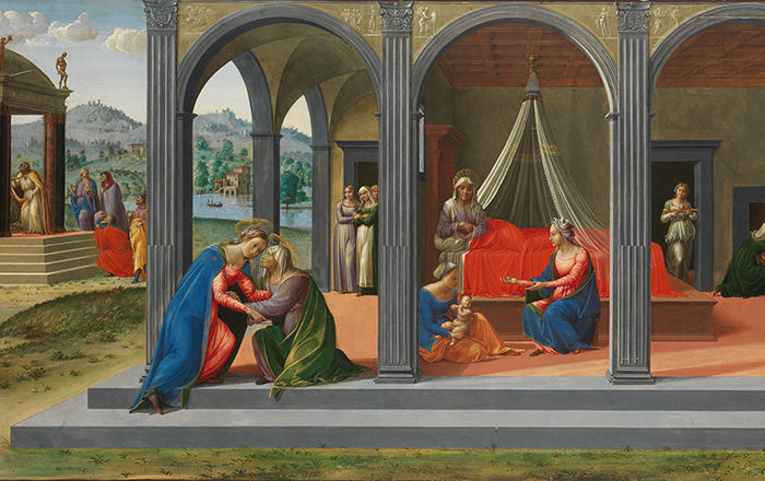 Granacci’s Scenes from the Life of Saint John the Baptist ca. 1506-7 in an Italian landscape. At the far left in the midground, men in robes walk up steps to an altar canopy. In the foreground, three quarters of the painting is dominated by a large building with an open colonnade and populated by several women in Renaissance garb.