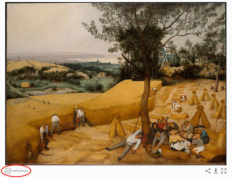 The Open Access icon circled below an image of Bruegel's "The Harvesters" in the Collection section of this website