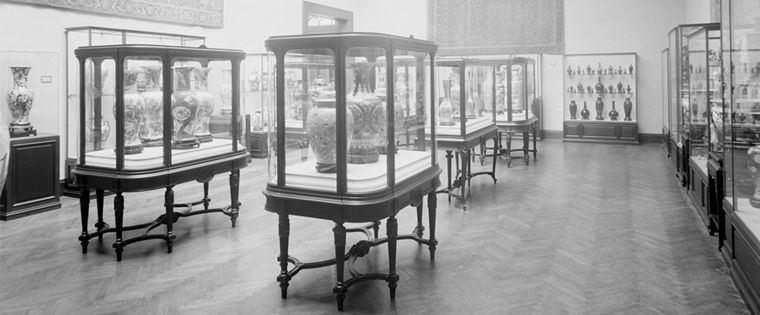 Archival photo of display cases