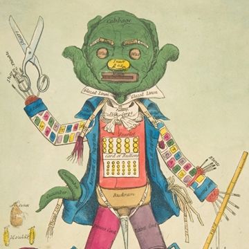Detail view of a satirical print depicting a man with a cabbage head
