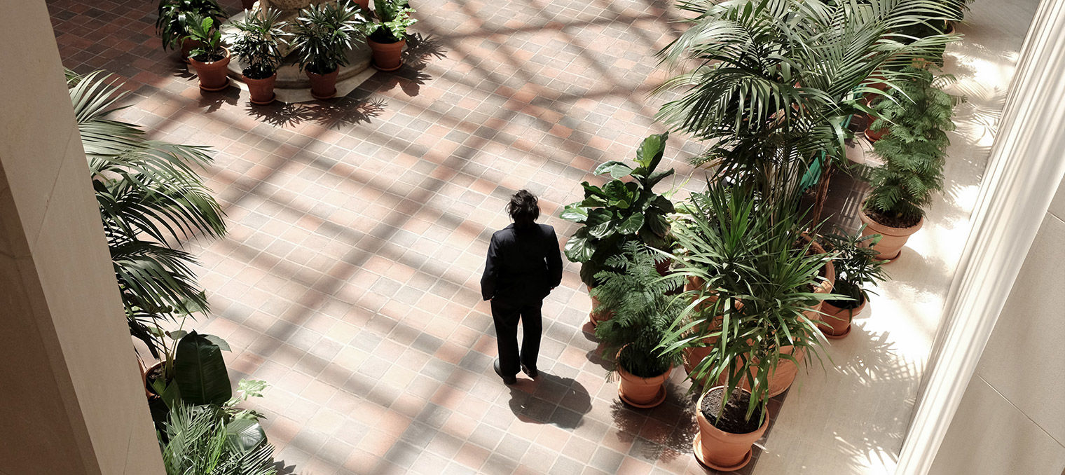 Overhead photograph of a silhouetted figure in a light-filled room with potted plants placed on the perimeters; the floor is covered in a shadowy grid, presumably cast by the light streaming through the skylight windows (not pictured).