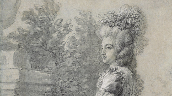 Detail of a black-and-white drawing of Marie Antoinette.