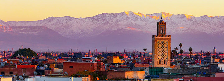 Landscape view of Marrakech with Atlas Mountains behind the city