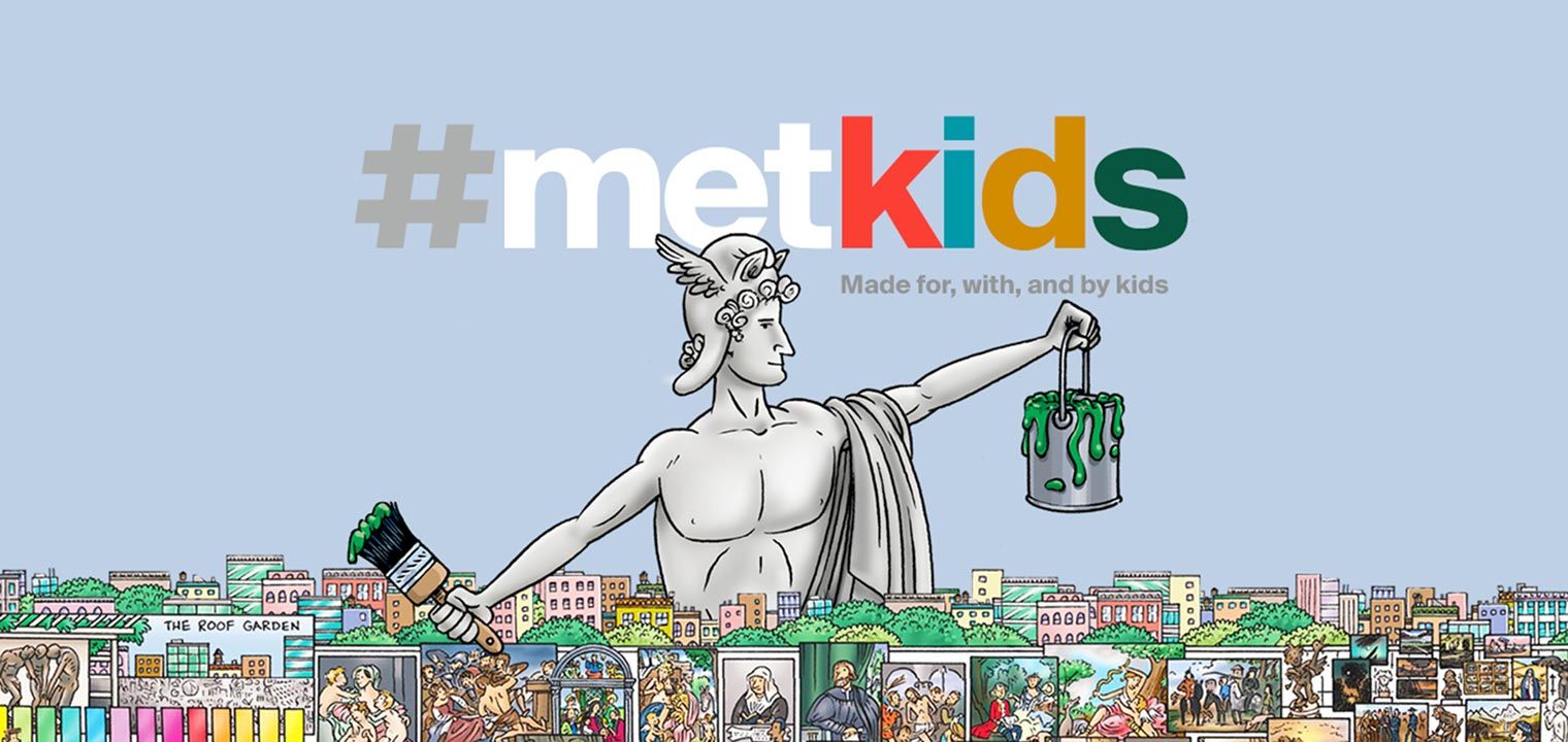 An illustrated rendering of a Greek or Roman statue holding a bucket of green paint and a paintbrush with the Metkids logo in the background and illustrated images of artworks and buildings below