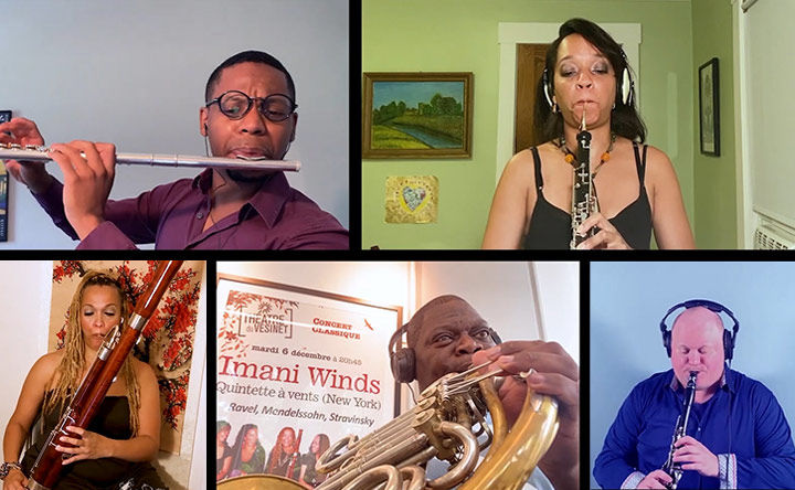 Screen capture from a Zoom call featuring five musicians performing in tandem from their respective locations