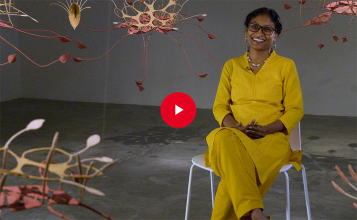 Video still of Ranjani Shettar seated with her installation, "Seven ponds and a few raindrops."