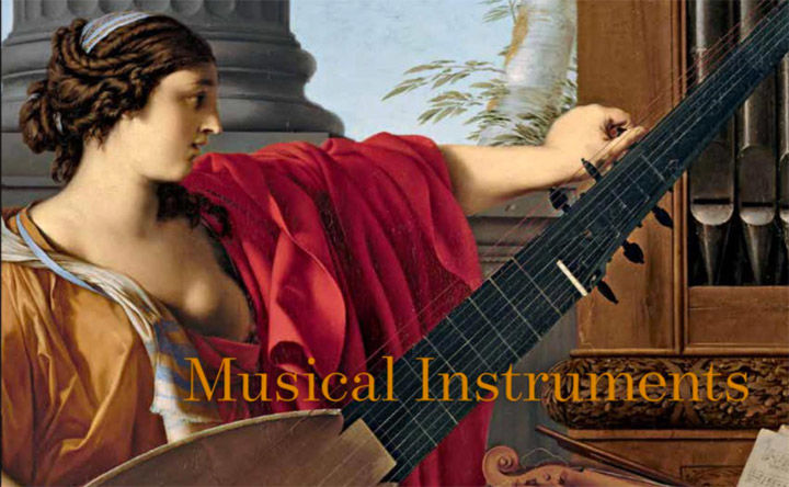 Several painted images superimposed together, including a woman playing a string instrument, an organ, sheet music, a column, and a tree. Text, reading "Musical Instruments," runs across the image.