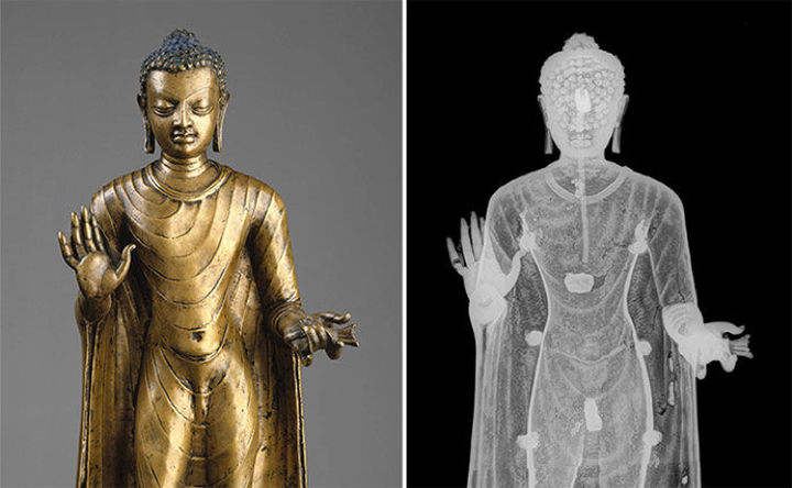 Composite image of a copper alloy Buddha figure and an x-ray of that same figure