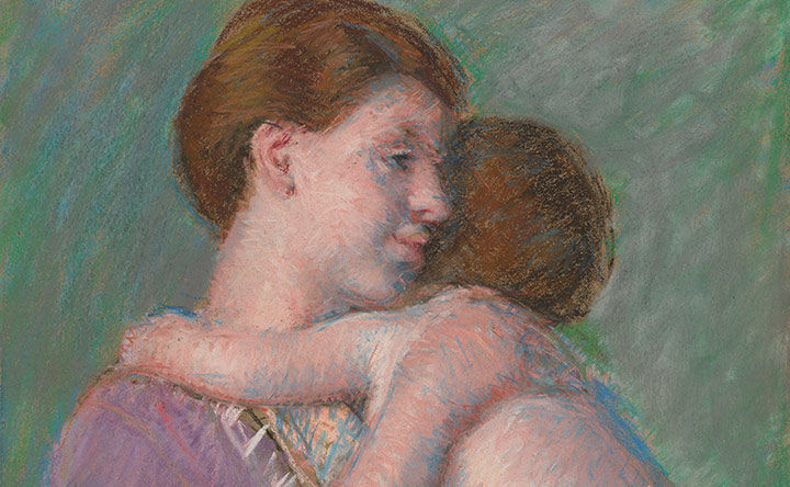 Detail of a Mary Cassat pastel drawing of a mother holding a young child in her arms