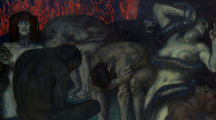 Detail view of a Franz von Stuck painting depicting a group of men and women in an inferno scene with demons and a snake