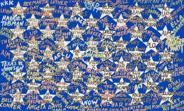 Detail of Faith Ringgold's artwork Freedom of Speech showing the blue section of a painting of the American flag with names written over the white stars