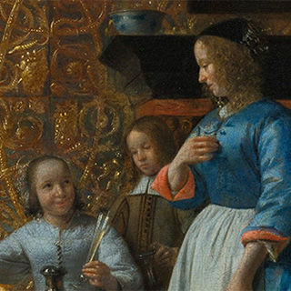Painting of richly decorated rooms featuring two conversations, a jovial, well-lit conversation between a child and a woman to the left and a more mysterious encounter between a young and an elder man to the right