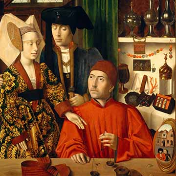A detail of a painting. Two people stand behind one seated at a table.