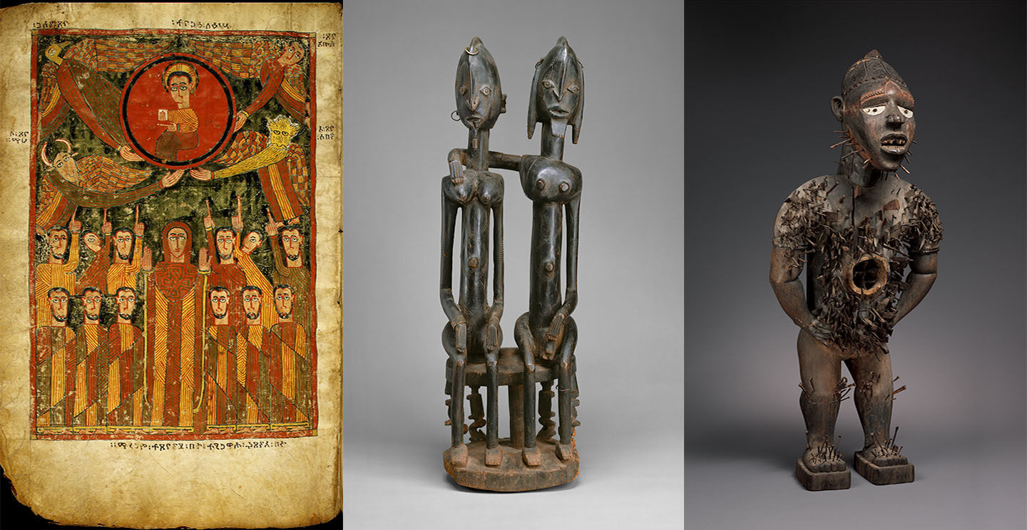 Composite image of an illuminated gospel, a figure of a seated couple, and a Central African power figure