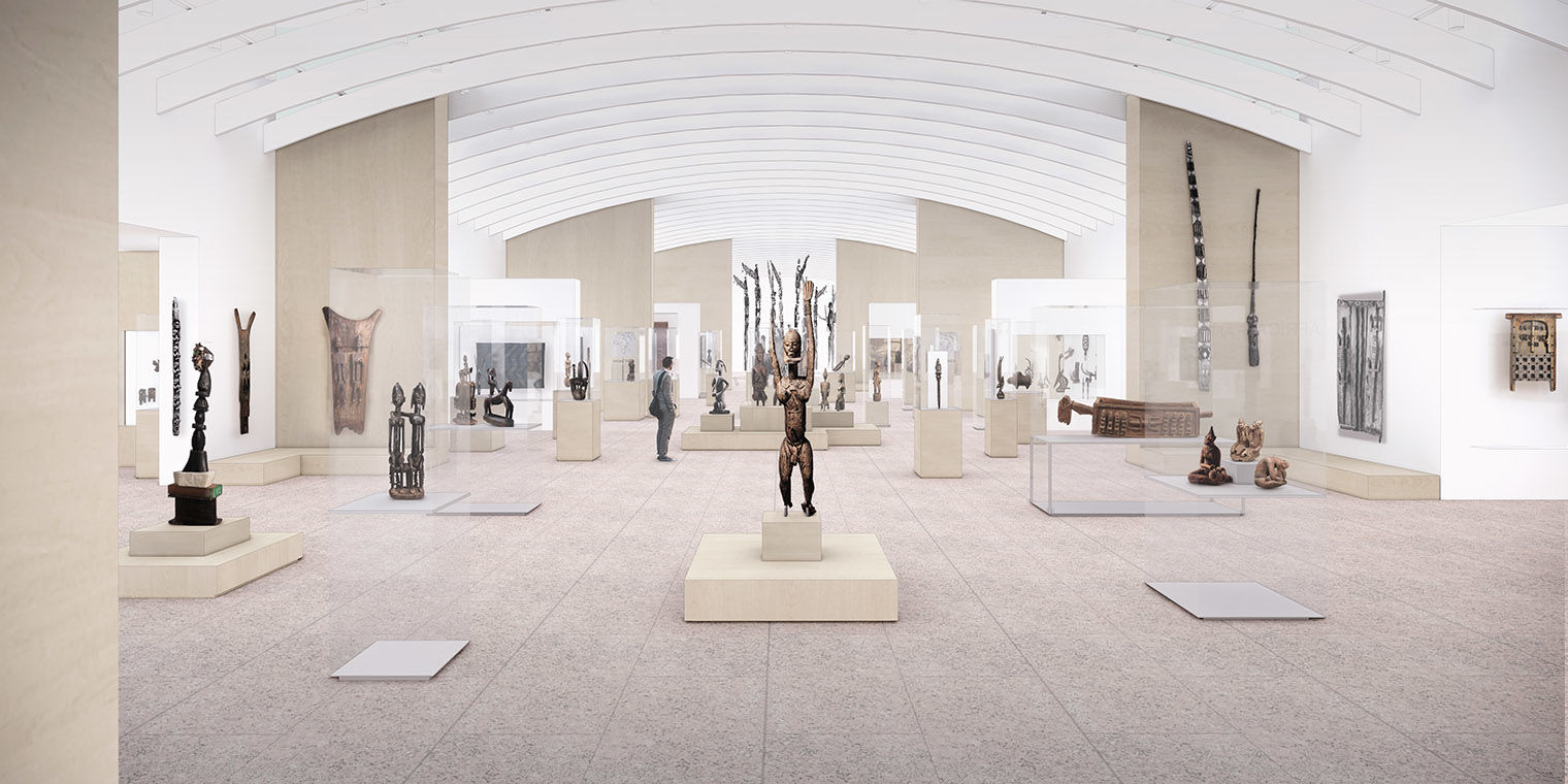 A rendering of artworks in the renovated Sub-Saharan African Art galleries