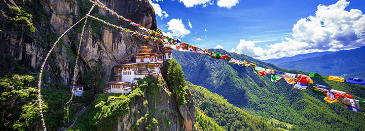 Taktshang Goemba, Tiger nest monastery, Bhutan. The monastery is perched onto the mountainous landscape. 
