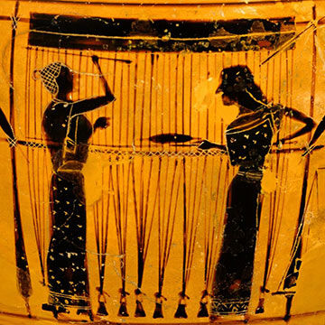 Terracotta lekythos with black figures on orange ground with two women weaving a woolen cloth.