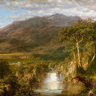 A painting of a pastoral American landscape featuring a mountain and a waterfall