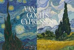 A whimsical painting of a cypress tree in the night sky next to a painting of a tree in a wheat field with white text saying "Van Gogh's Cypresses"