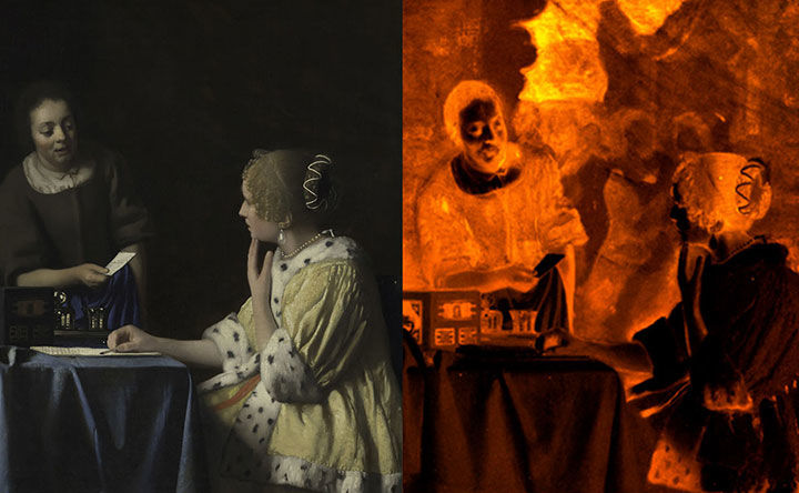 Two images side by side. At left, a painting by Vemeer from the Frick Collection, shows a woman receiving a letter from her maid in a dark room. At right, an X-ray Fluorescence map (an imaging technique where elements contained within pigments are visualized with false colors) shows that the artist initially painted a tapestry or painting with different figures between the two women in the background.