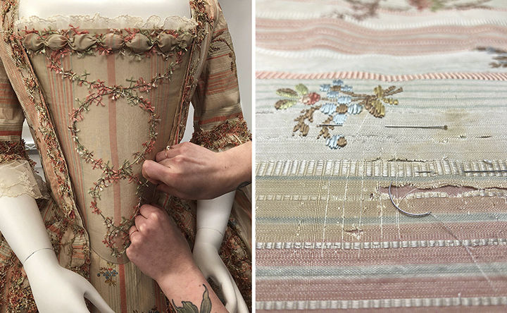 Composite image: one the right, a pair of hands performs detailed work on a gown dressed on a standing mannequin; at right, a piece of textile patterned with stripes and delicate florals rests across a flat surface