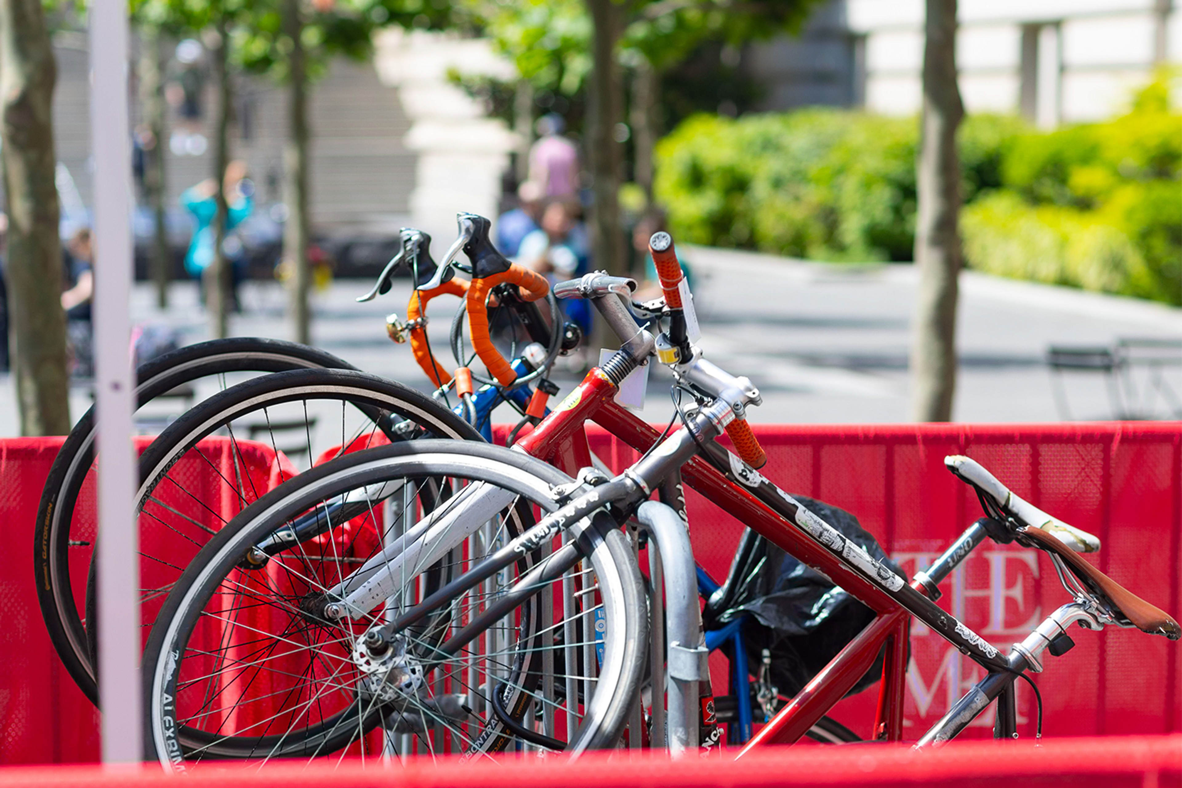 Bikes are hung at The Met's free bike valet.
